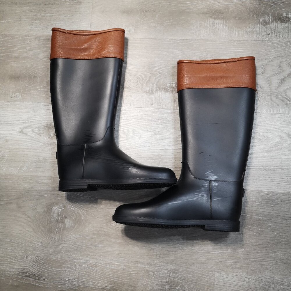 Dirty Laundry Ladies Size 9 / 40 Black & Tan Rubber Boots w/ Faux Leather Trim - Picture 3 of 11